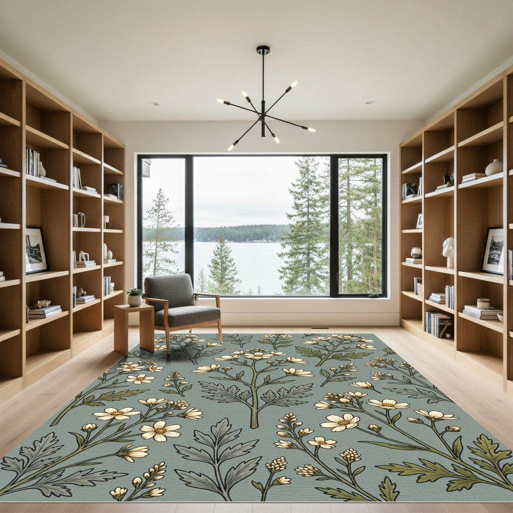 Sage Green Botanical Wildflower Meadow Rug