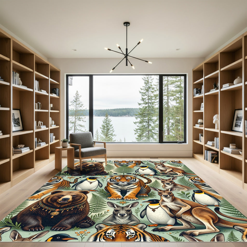 Whimsical Jungle Animal Fern Folk Art Rug
