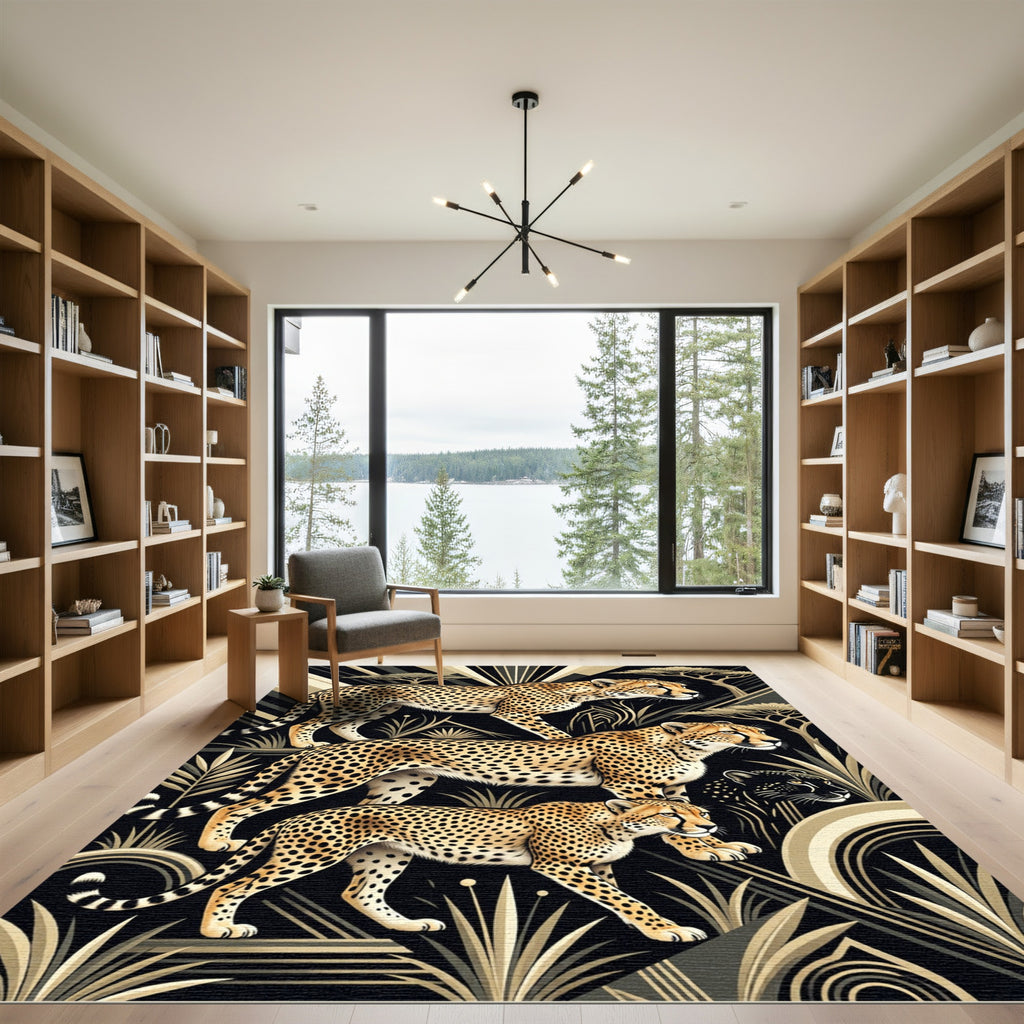 Safari Cheetahs Black Gold Contemporary Art Rug