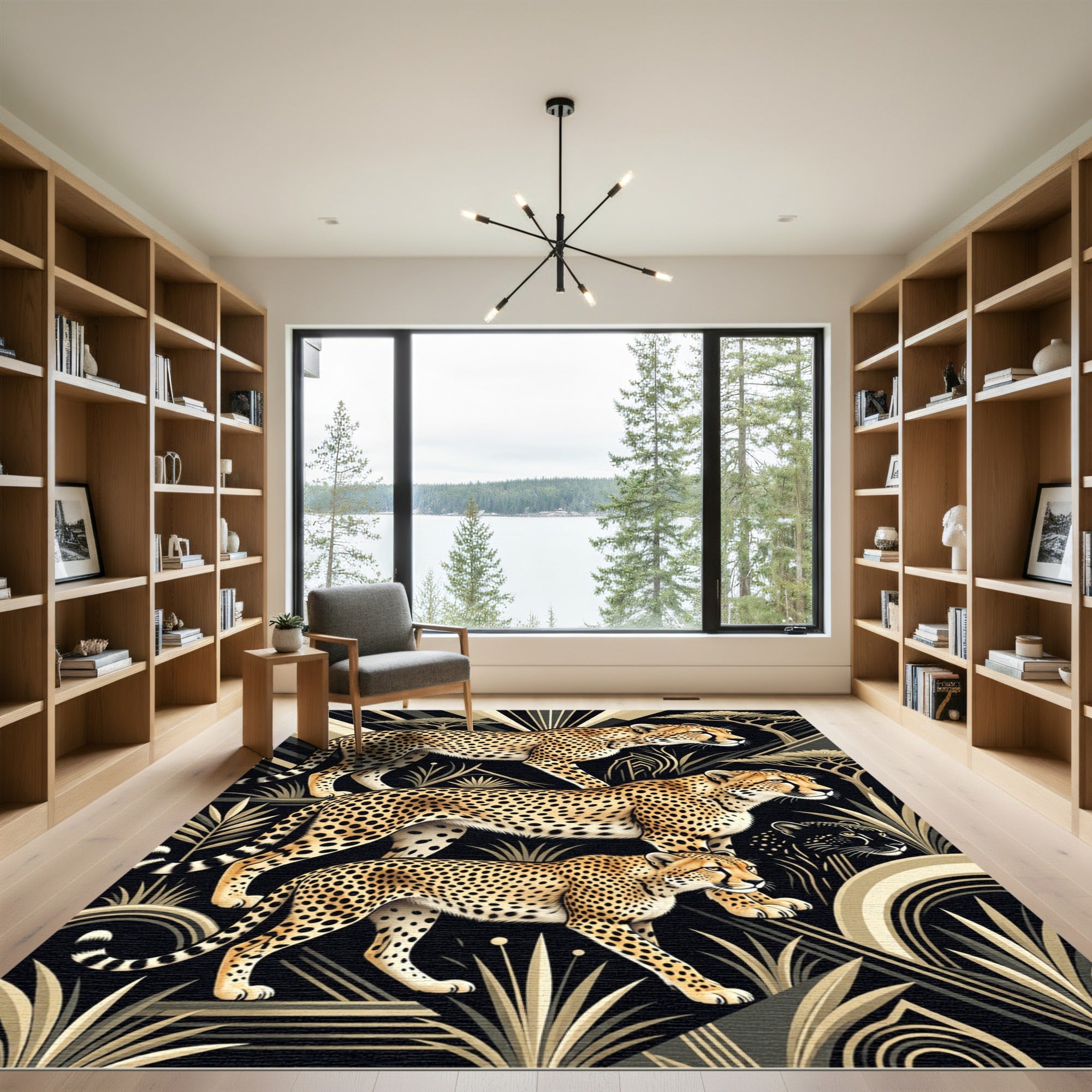 Safari Cheetahs Black Gold Contemporary Art Rug