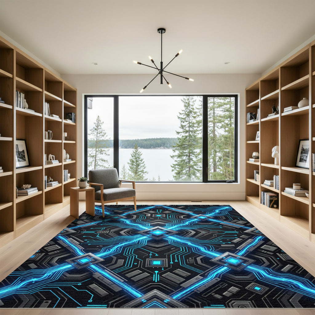 Luminous Neon Cyber Circuit Grid Rug