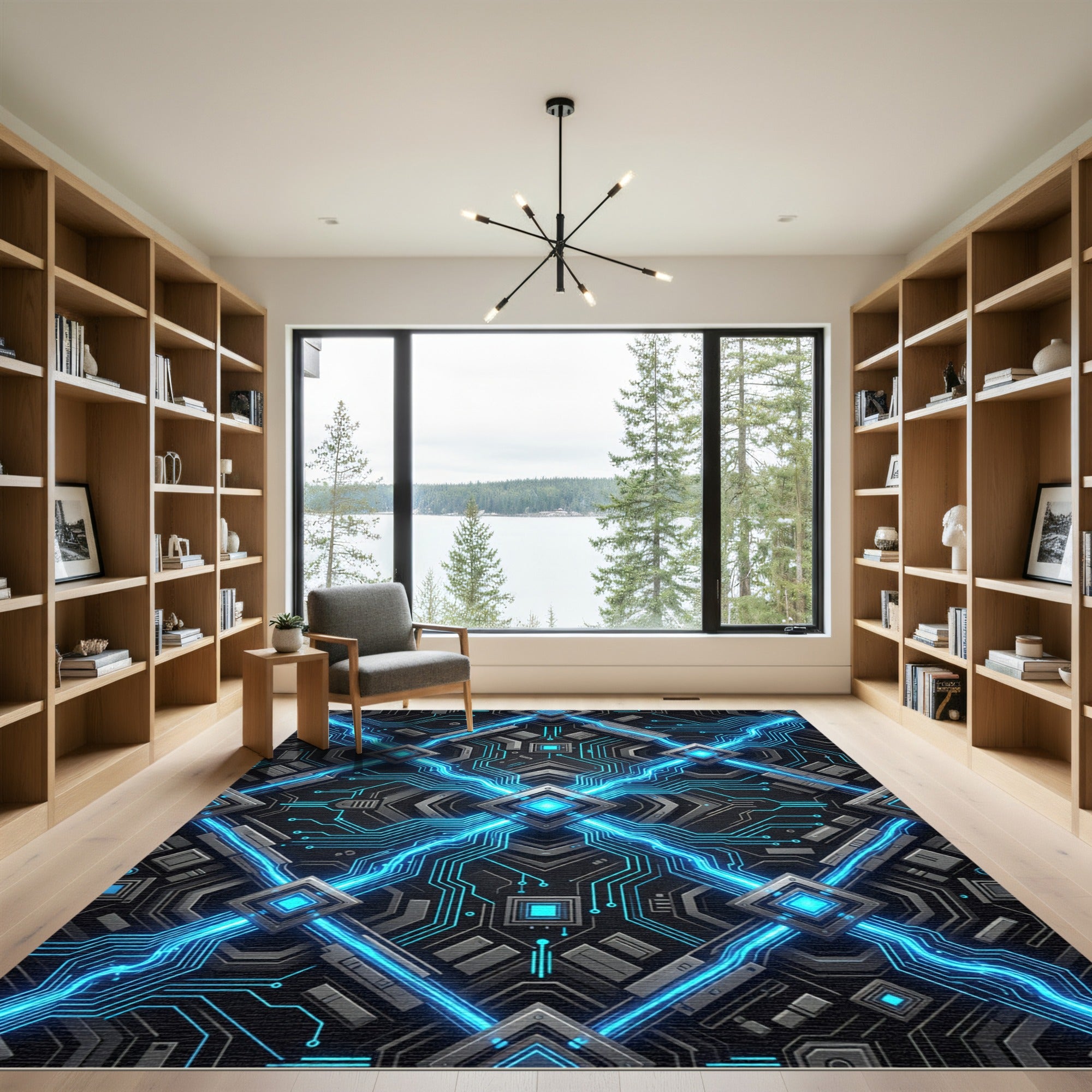 Luminous Neon Cyber Circuit Grid Rug