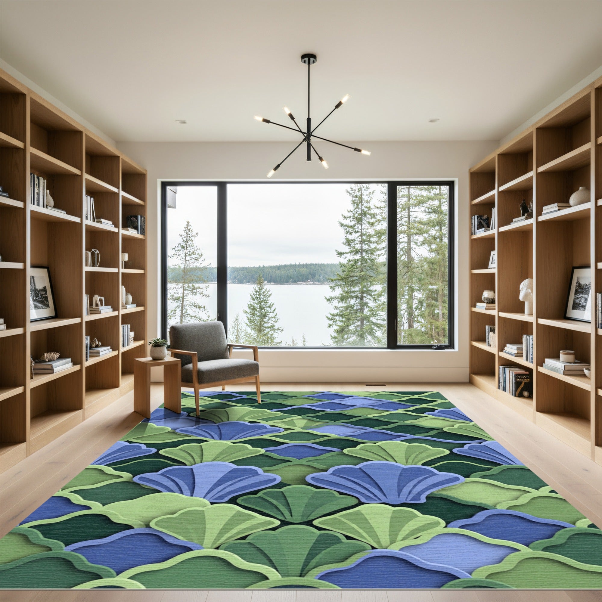 Layered Teal and Sage Scalloped Shell Rug