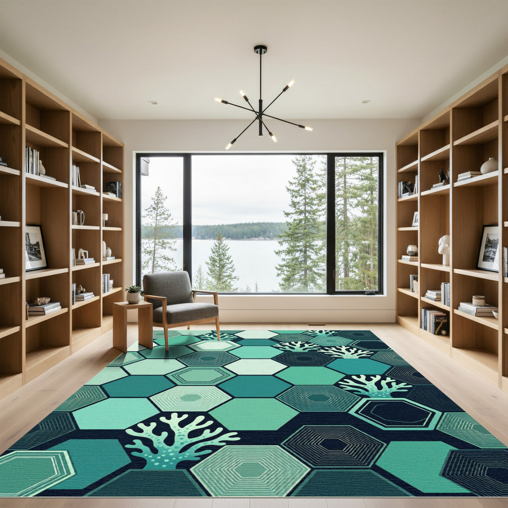 Geometric Teal Hexagon Coral Reef Rug