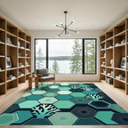 Geometric Teal Hexagon Coral Reef Rug