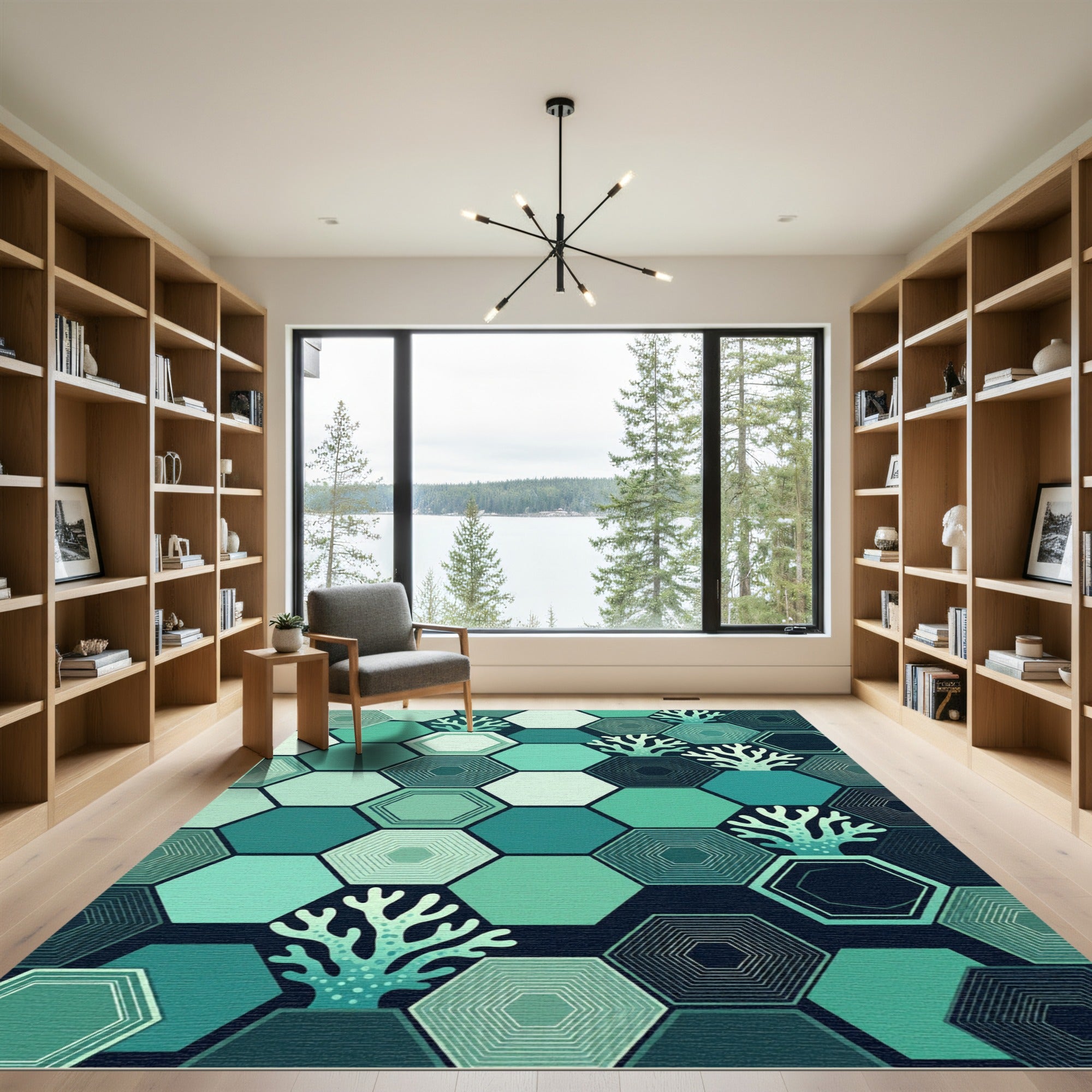 Geometric Teal Hexagon Coral Reef Rug