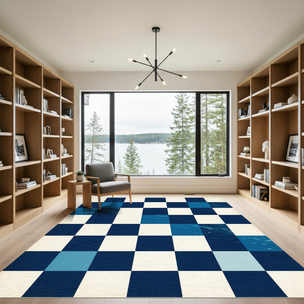 Modern Navy Checkered Abstract Wave Block Rug