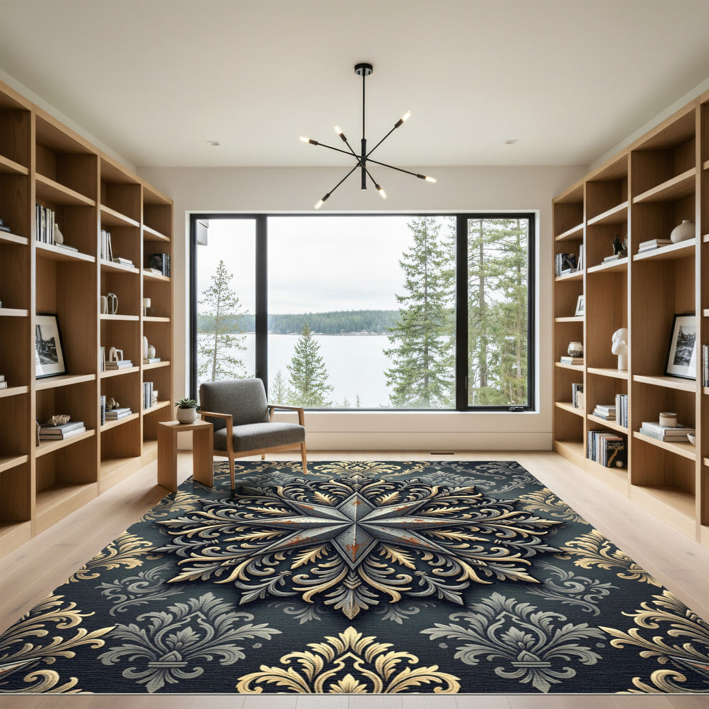 Metallic Star Damask Gold Gray Rug