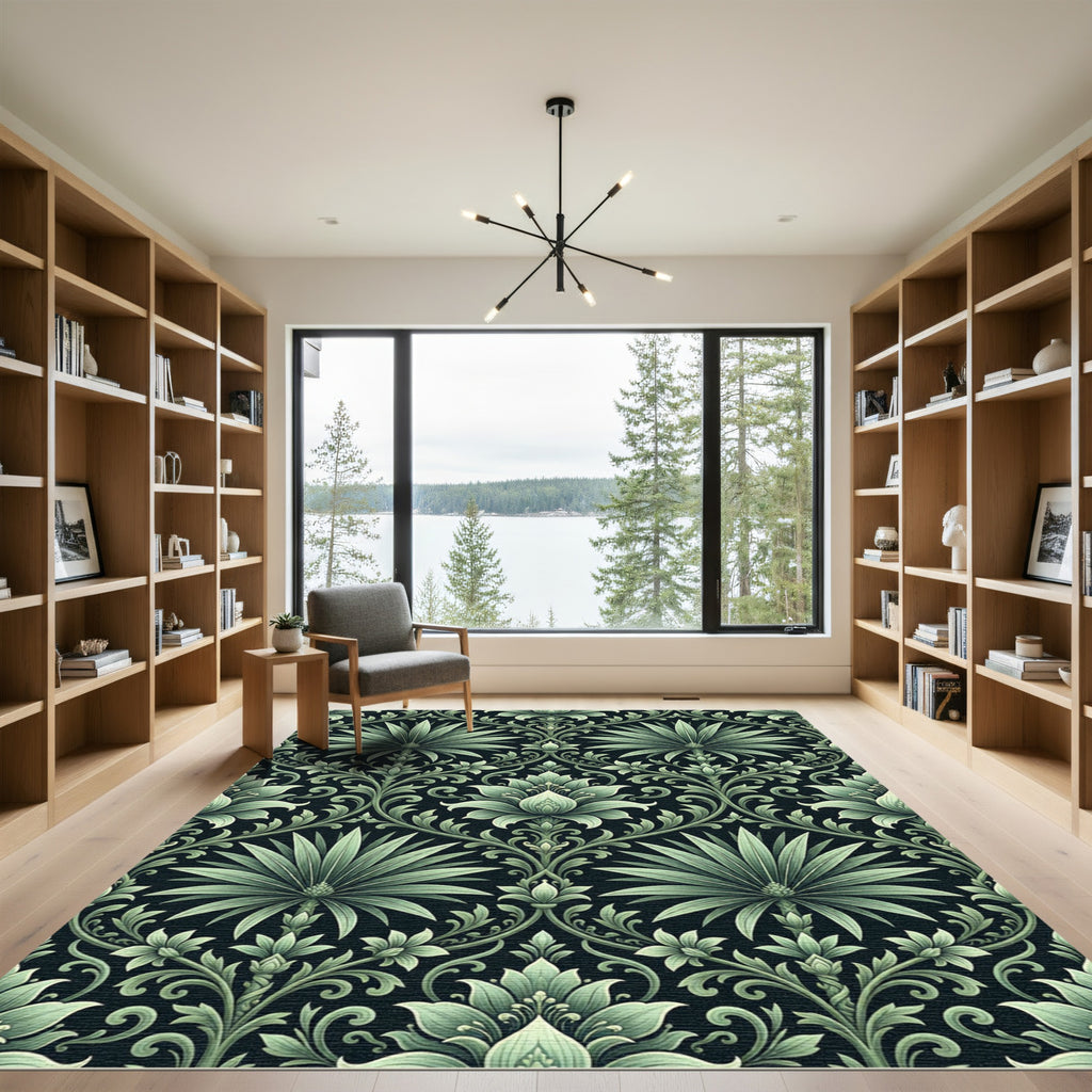 Sage Green Floral Damask Art Nouveau Rug