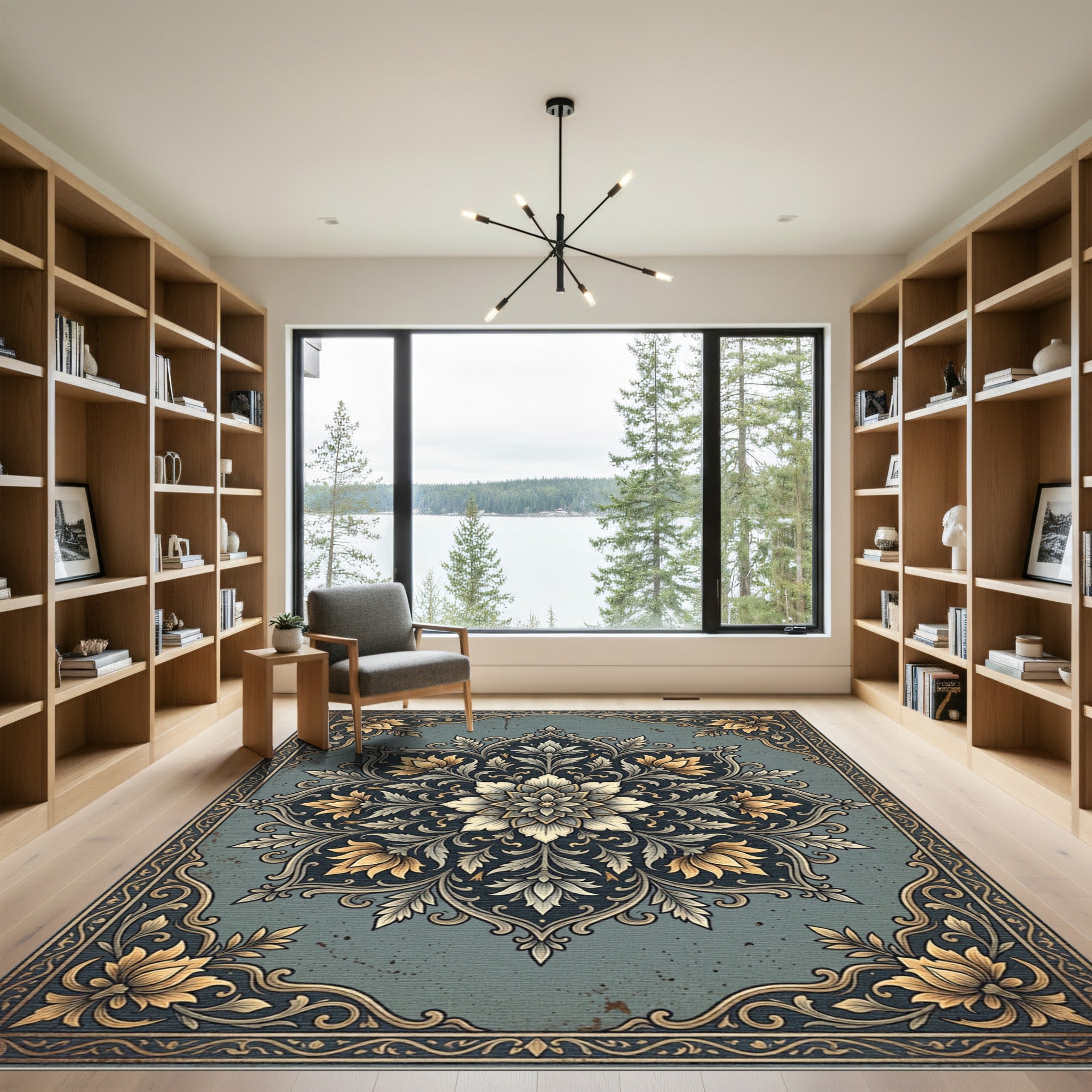 Sophisticated Slate Blue Golden Floral Medallion Rug