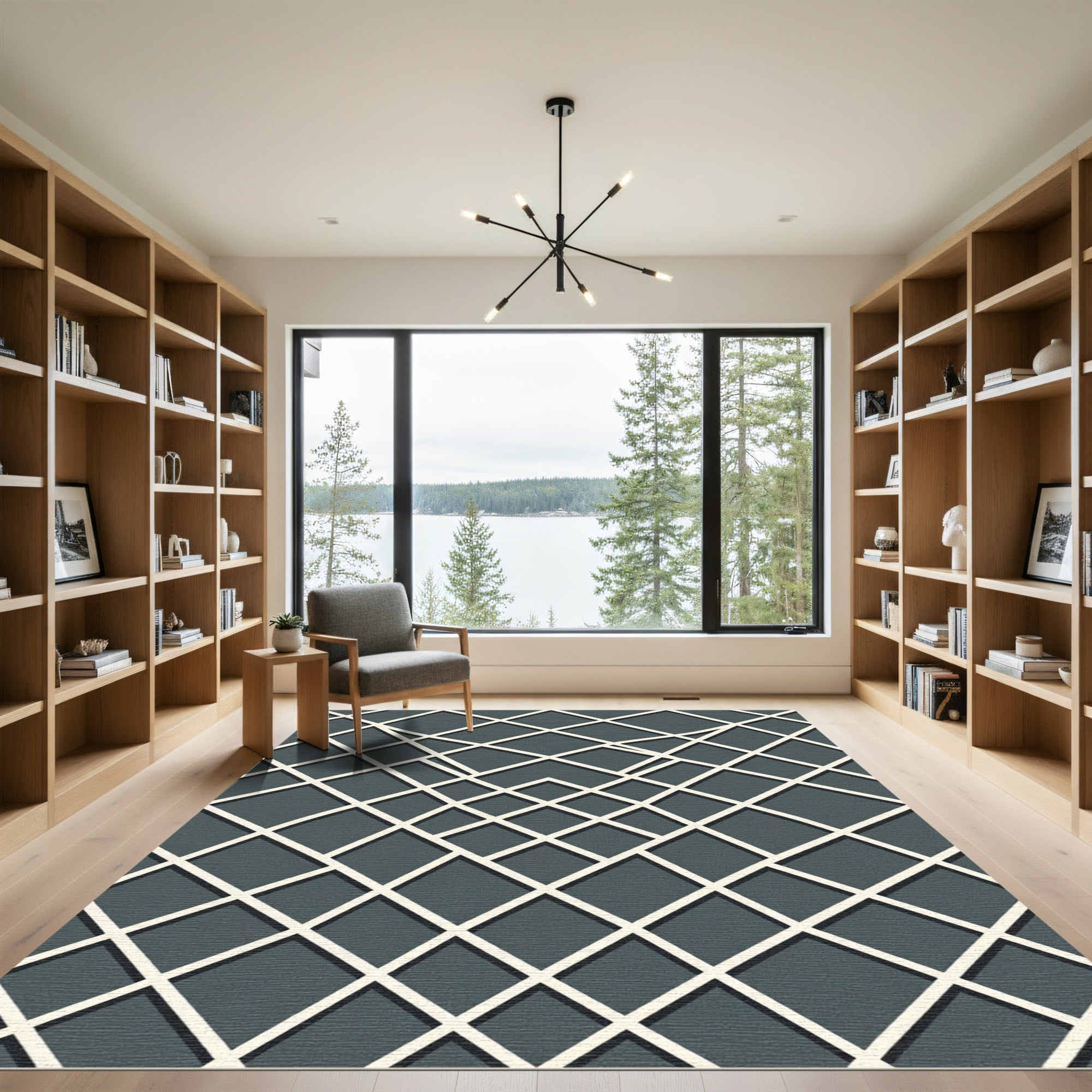 Modern Charcoal Geometric Grid Art Rug
