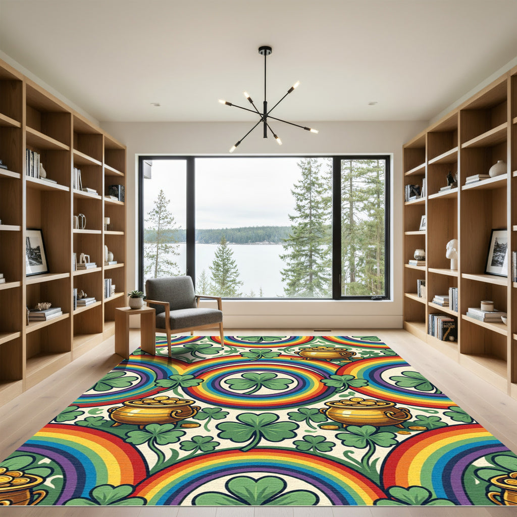 Whimsical Rainbow Shamrock Gold Coin Medallion Rug