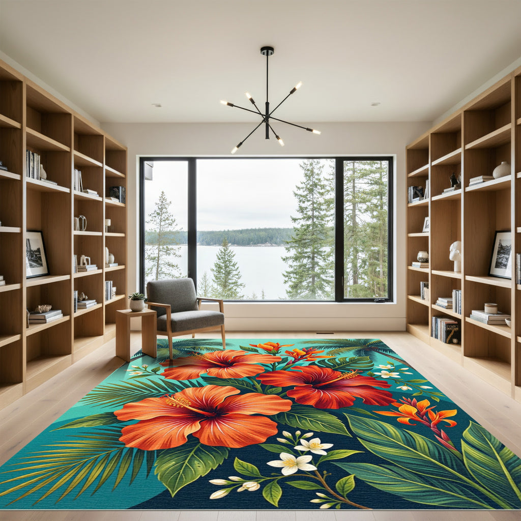 Vibrant Tropical Hibiscus Palm Leaf Art Rug