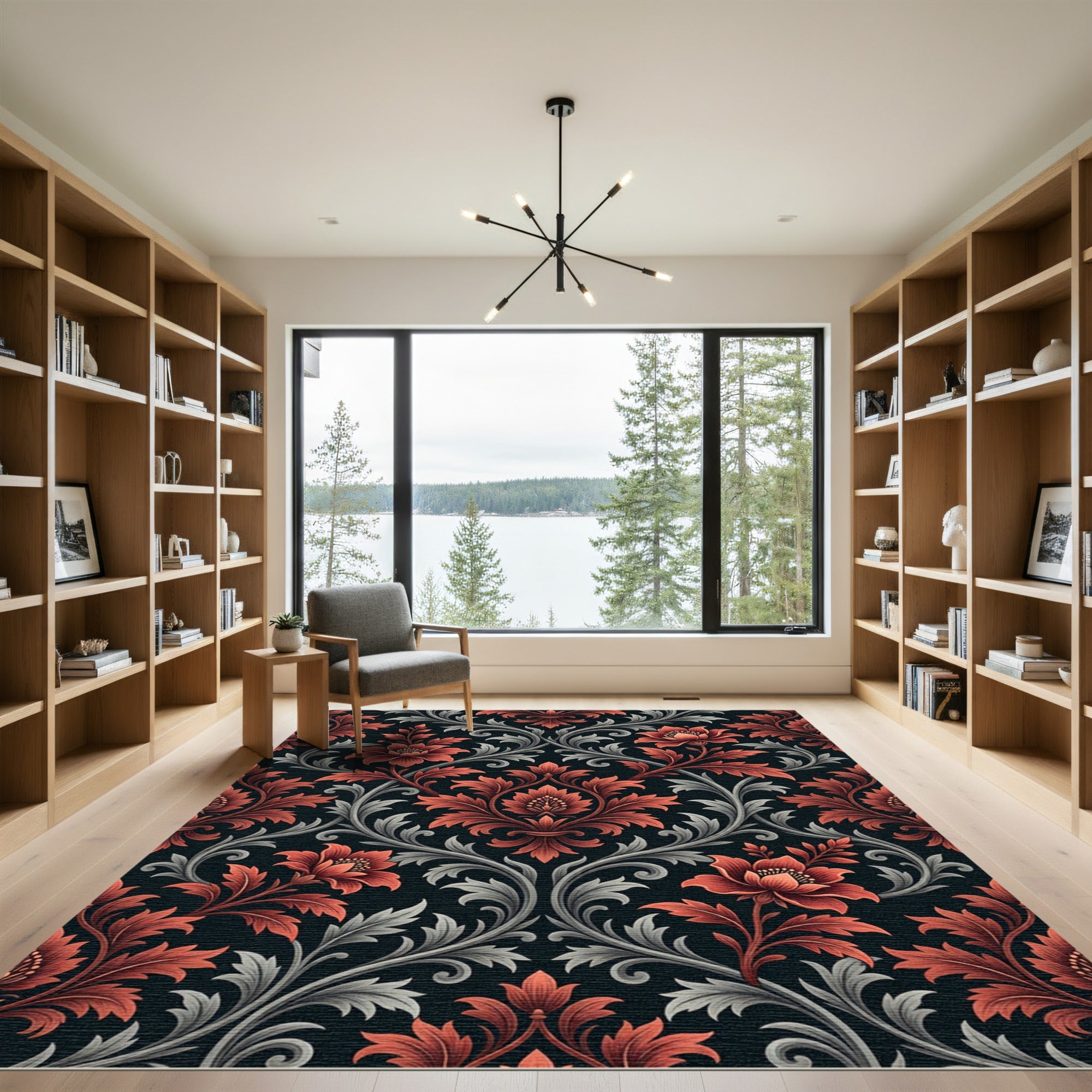 Elegant Crimson Floral Damask Scroll Rug
