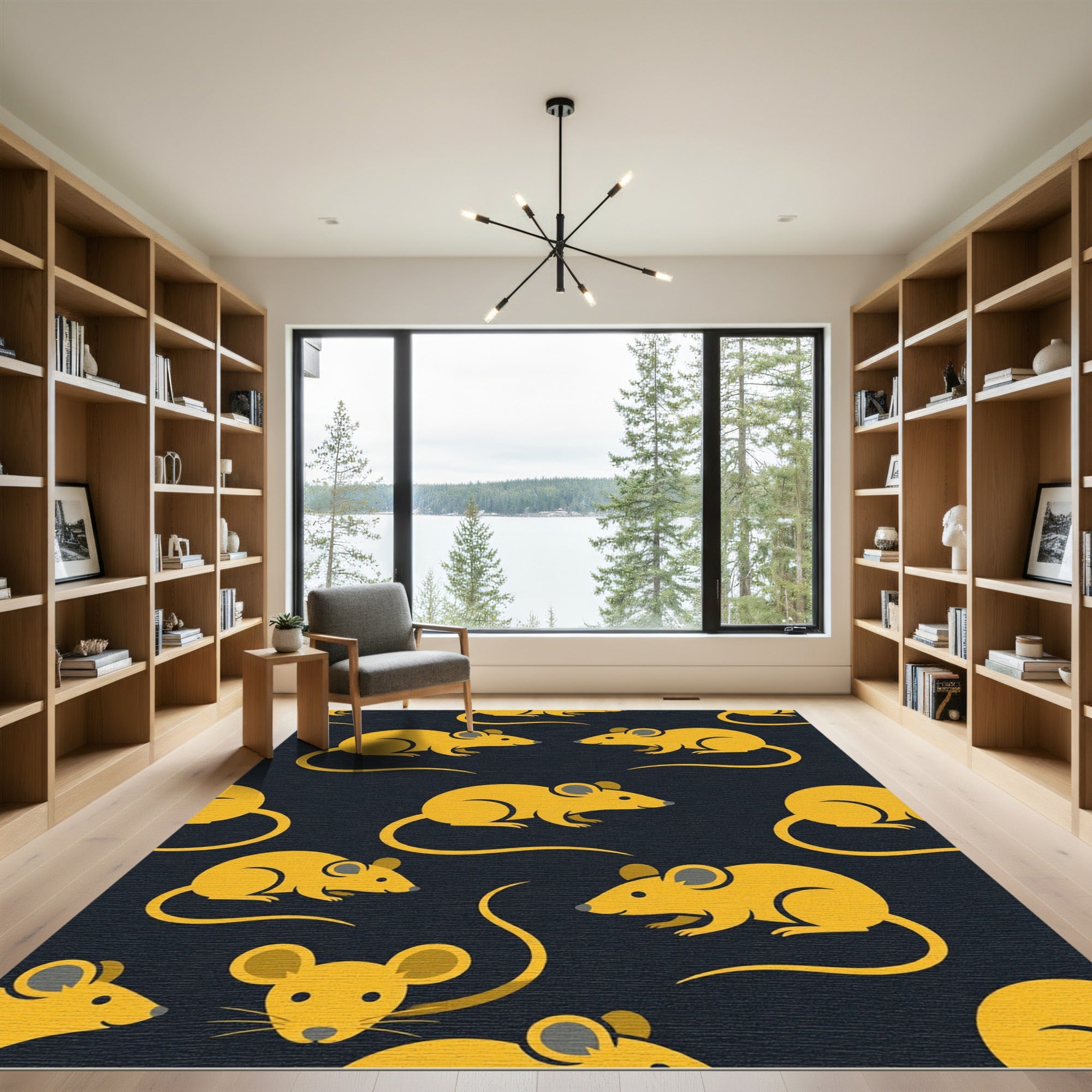 Playful Yellow Mouse Silhouette Wallpaper Rug