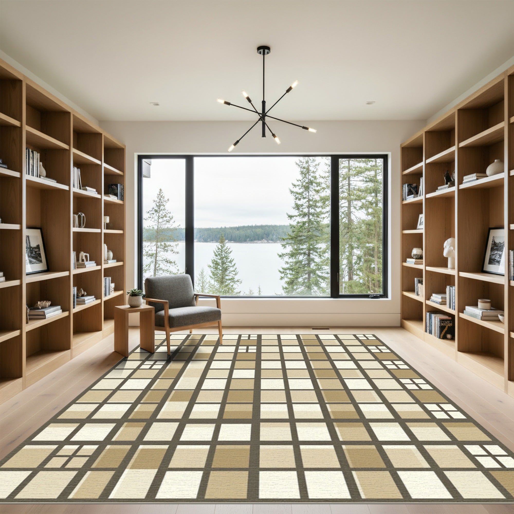 Earthy Geometric Grid with Light Squares Rug