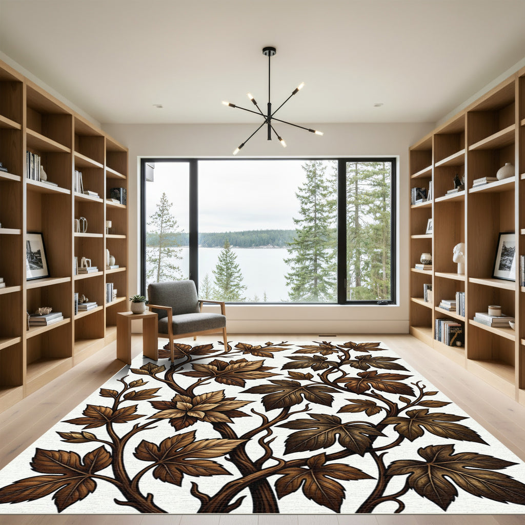 Antique Brown Leafy Vine Pattern Rug