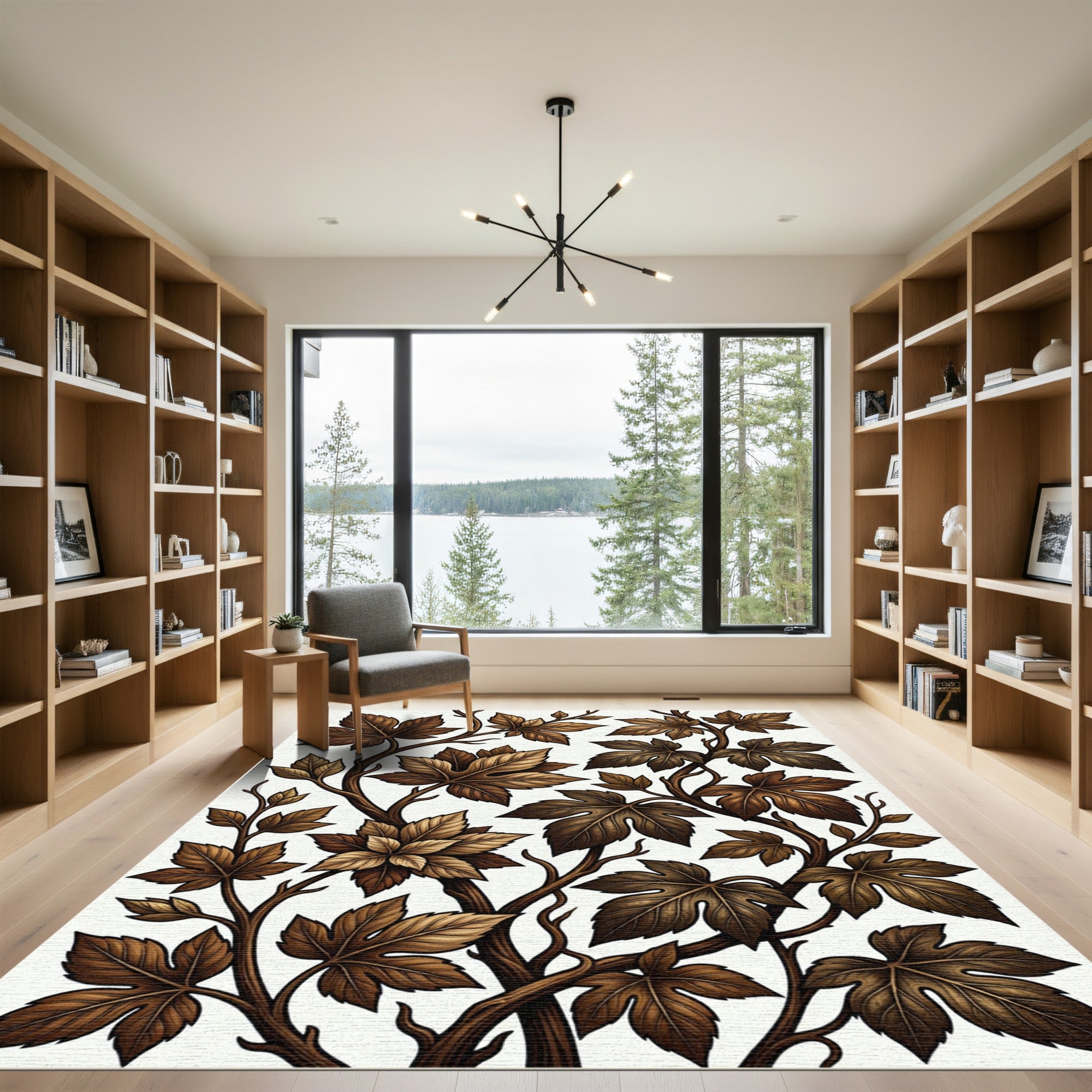 Antique Brown Leafy Vine Pattern Rug