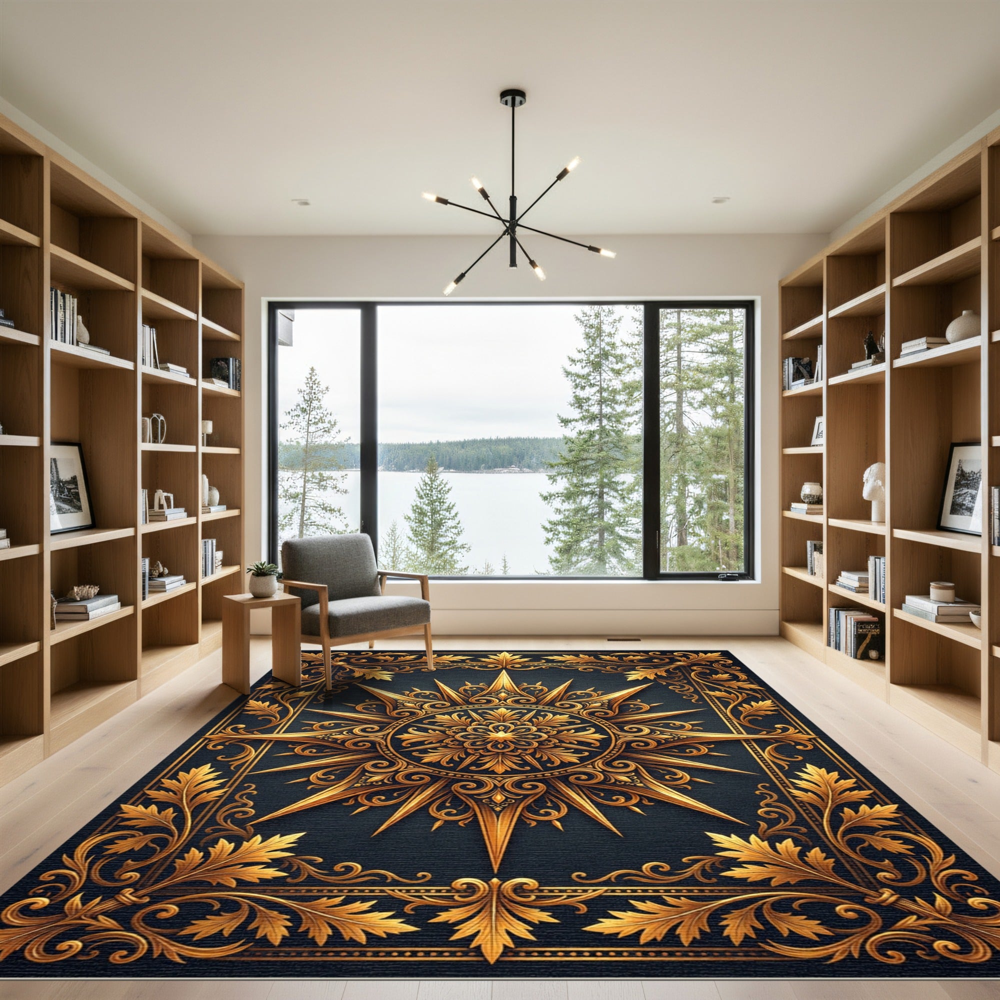 Ornate Golden Sunburst Filigree Medallion Rug