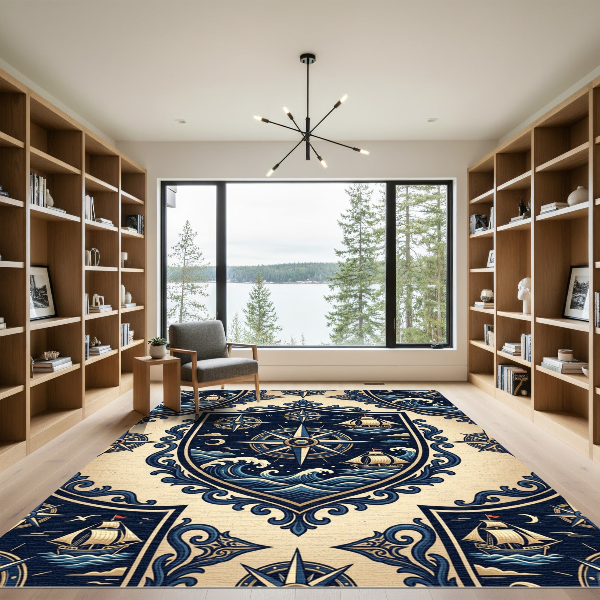 Nautical Compass Navy Blue Maritime Emblem Rug