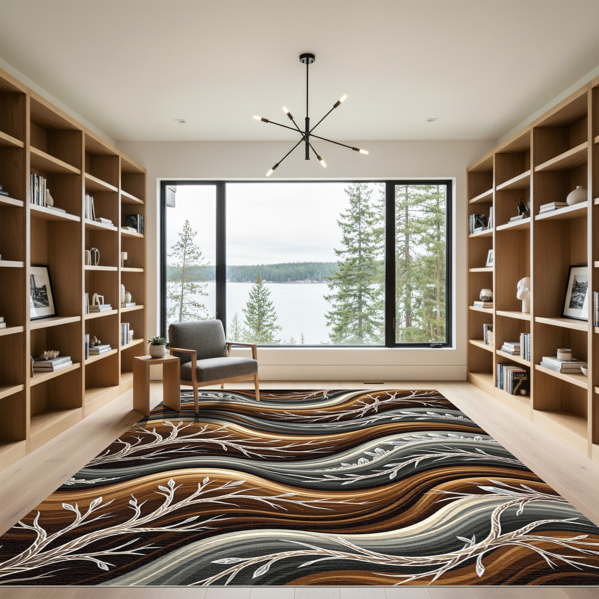 Earthy Brown Wavy Branch Composition Rug
