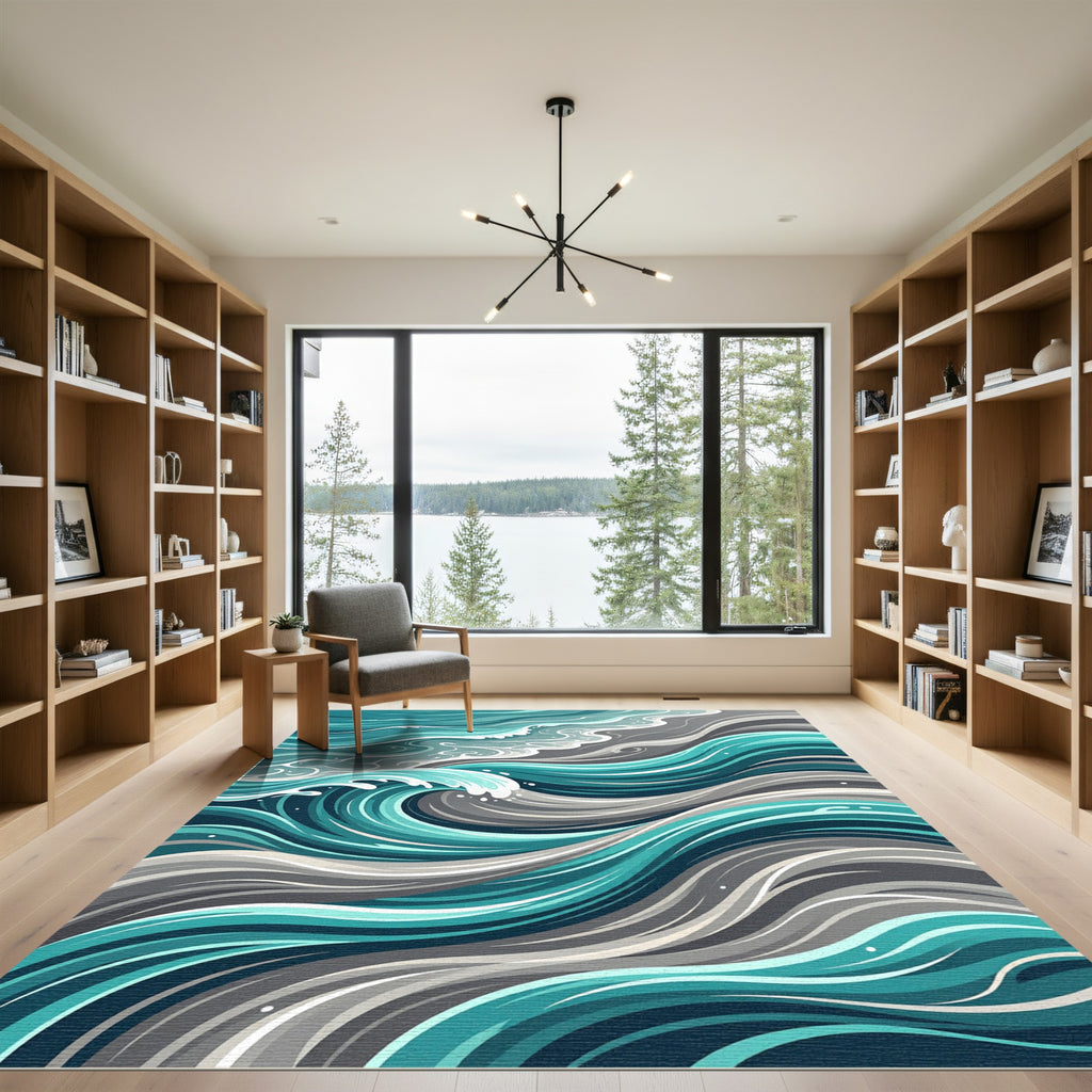 Teal And Gray Wavy Ocean Rug