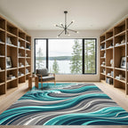 Teal And Gray Wavy Ocean Rug