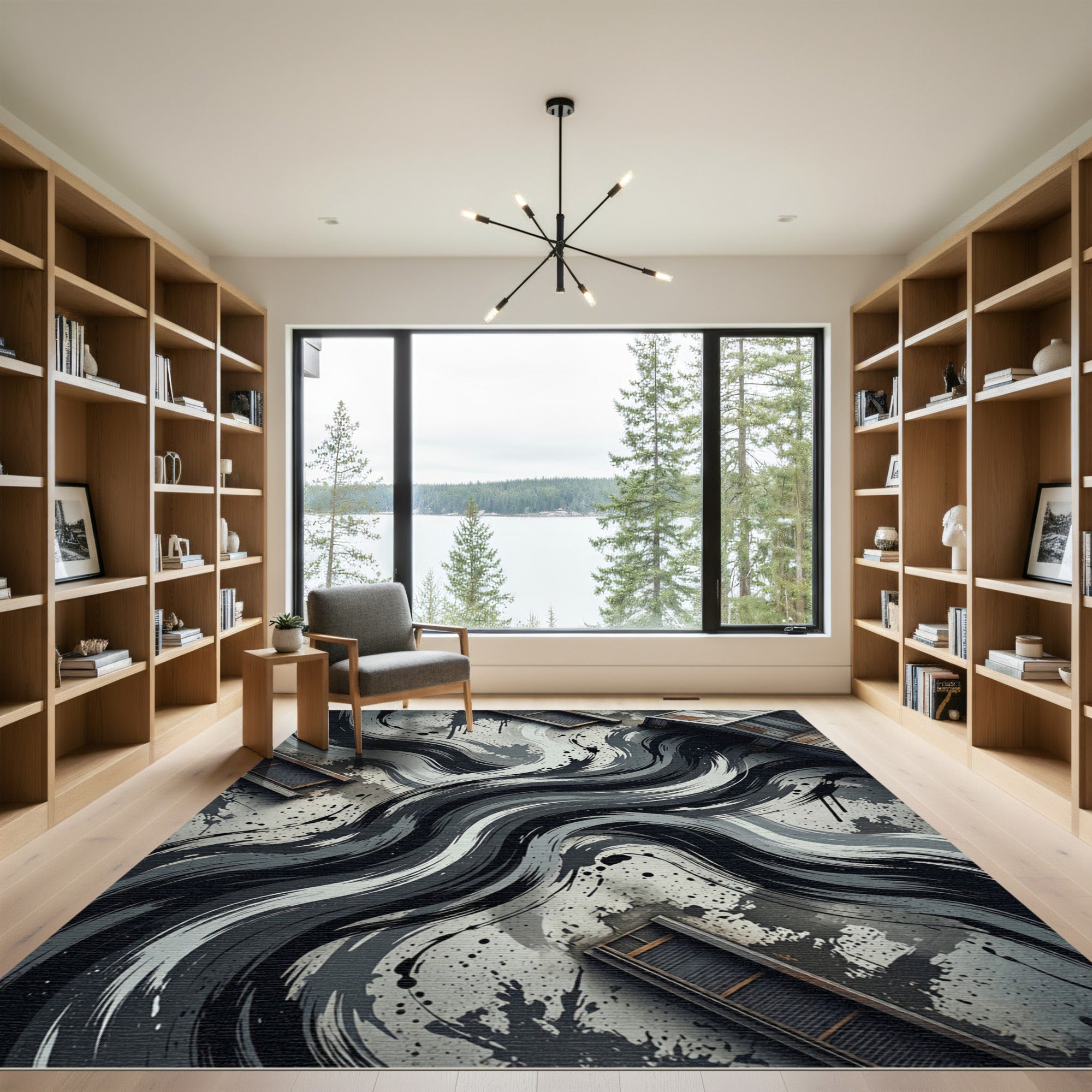 Grayscale Abstract Brushstroke Swirl Rug