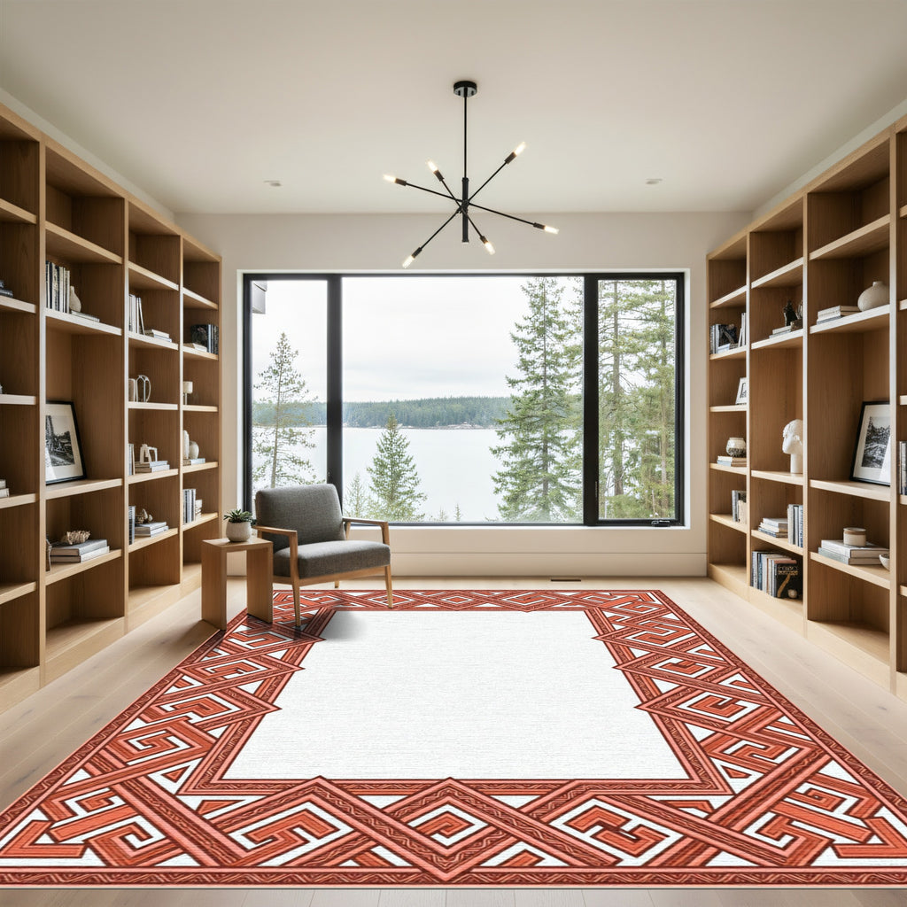 Coral Geometric Interlocking Maze Border Rug