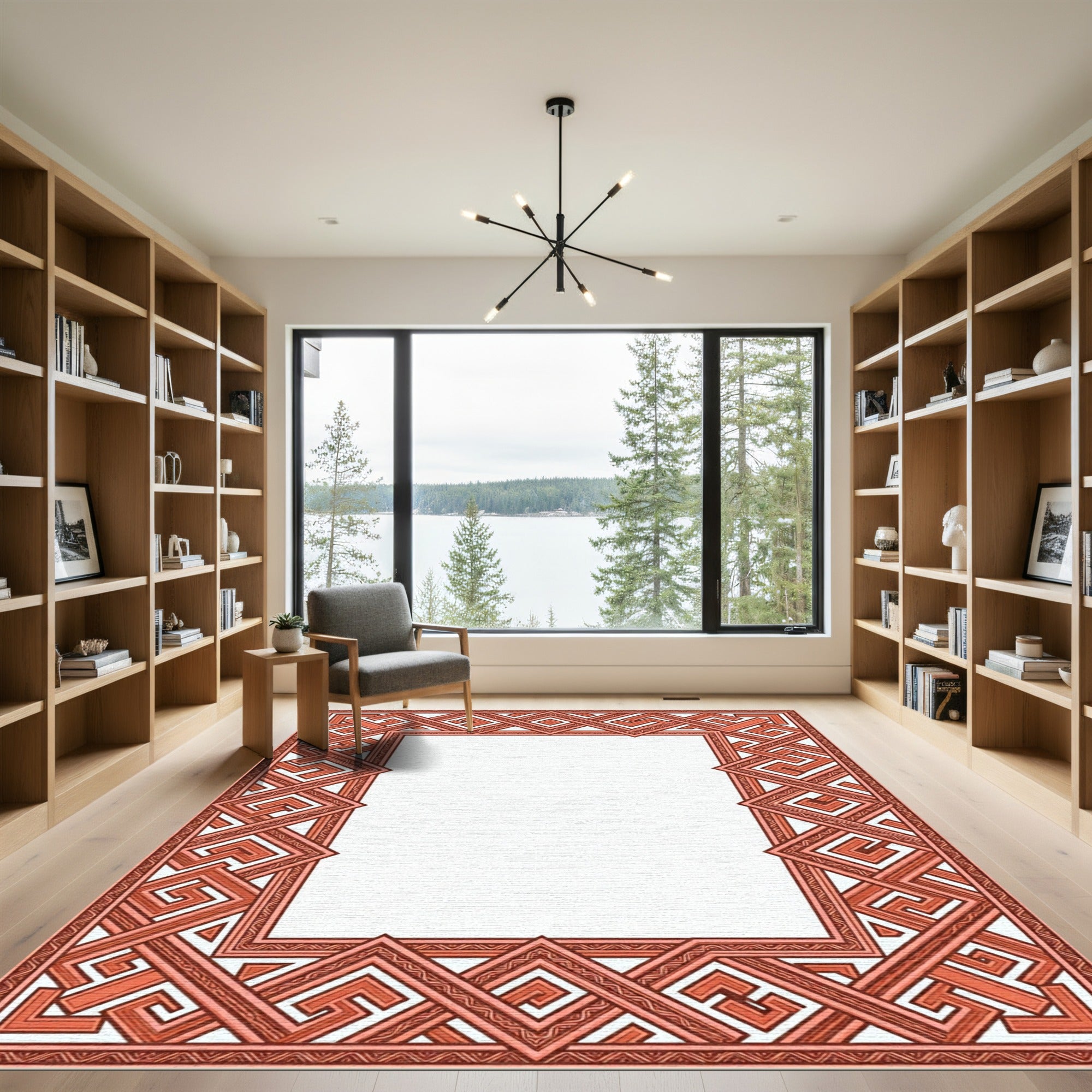 Coral Geometric Interlocking Maze Border Rug