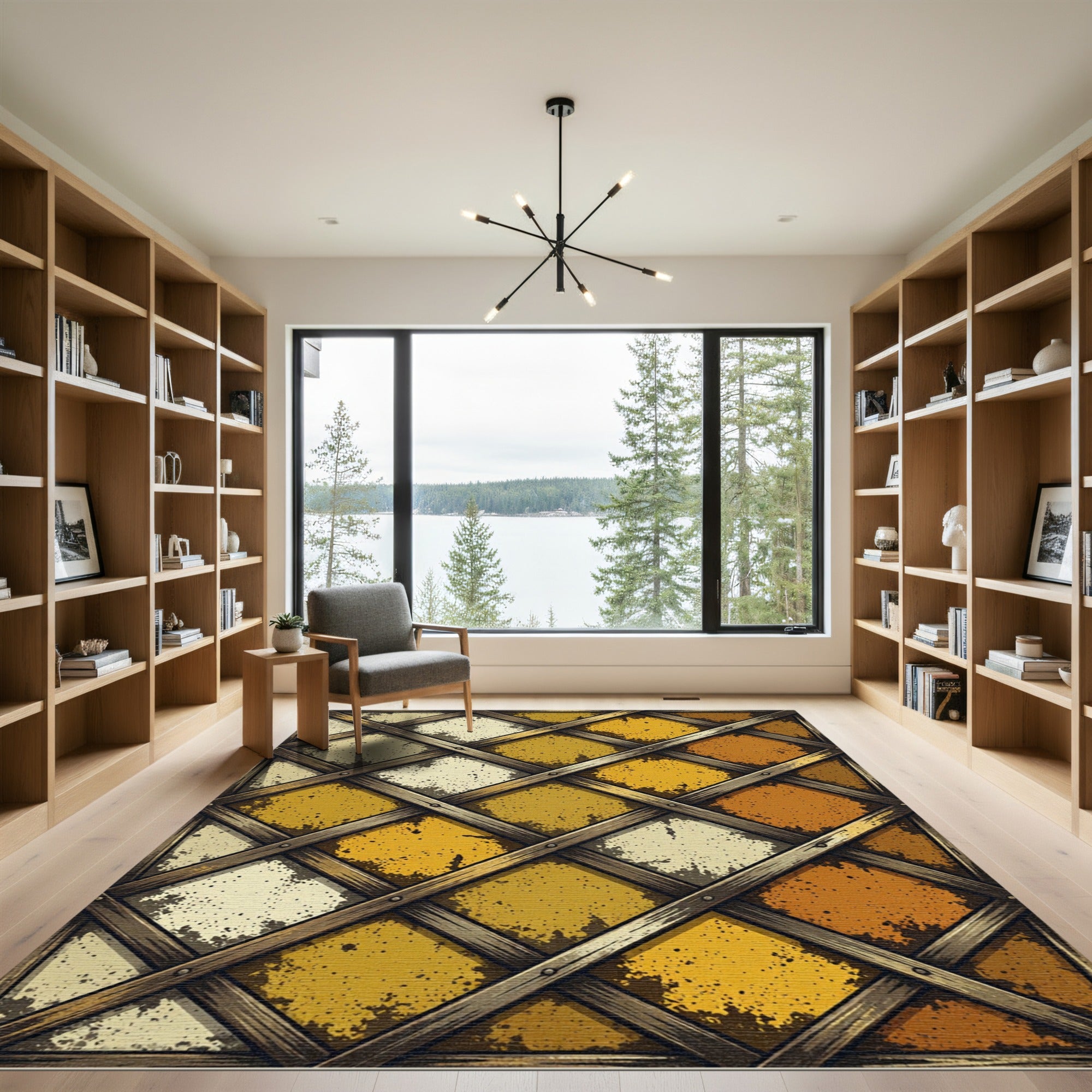 Rustic Golden Diamond Lattice Grid Rug