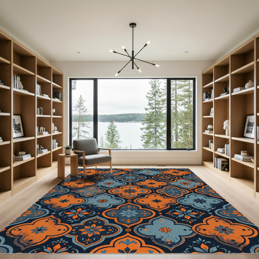 Ornate Orange Blue Quatrefoil Pattern Rug