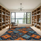 Ornate Orange Blue Quatrefoil Pattern Rug