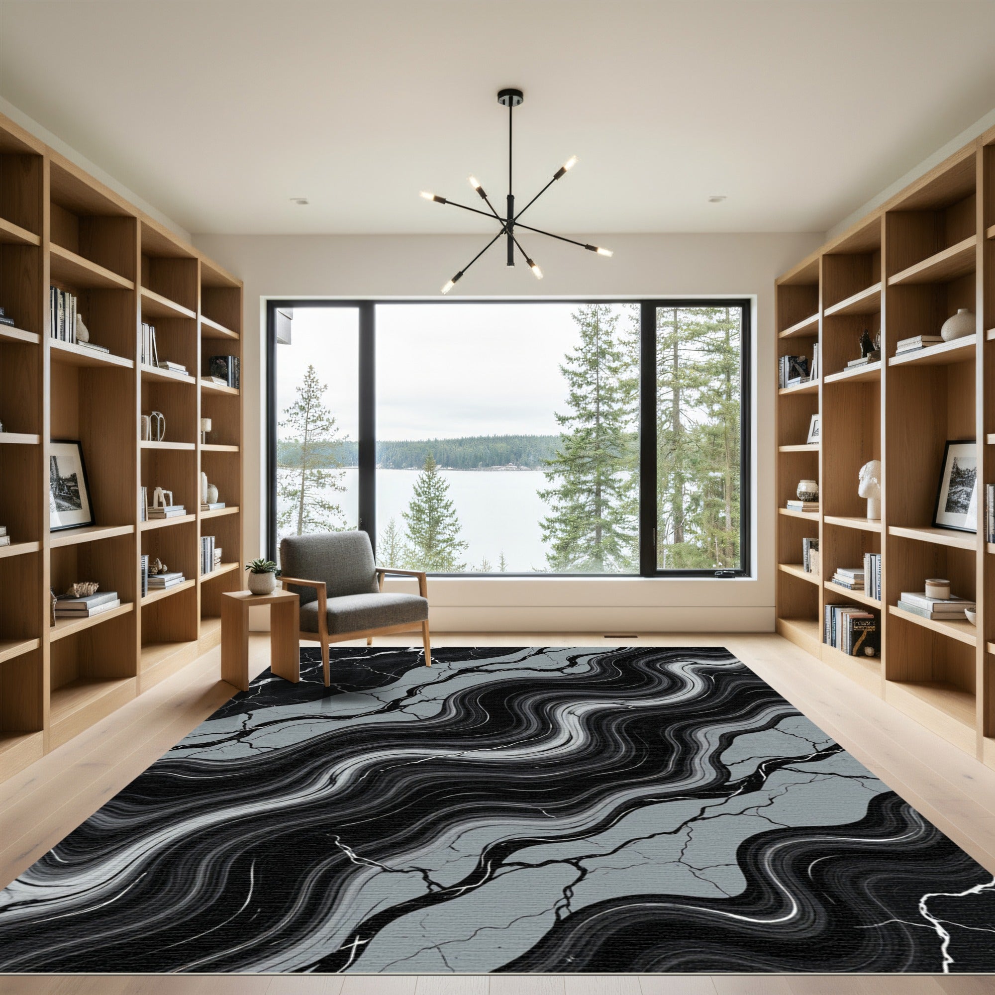 Black Gray Marble Swirl Abstract Rug