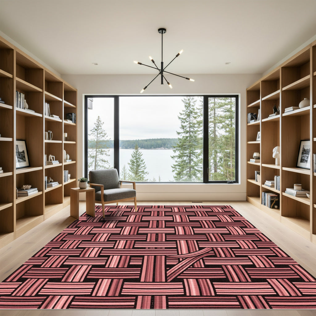 Salmon Pink Woven Texture Grid Rug