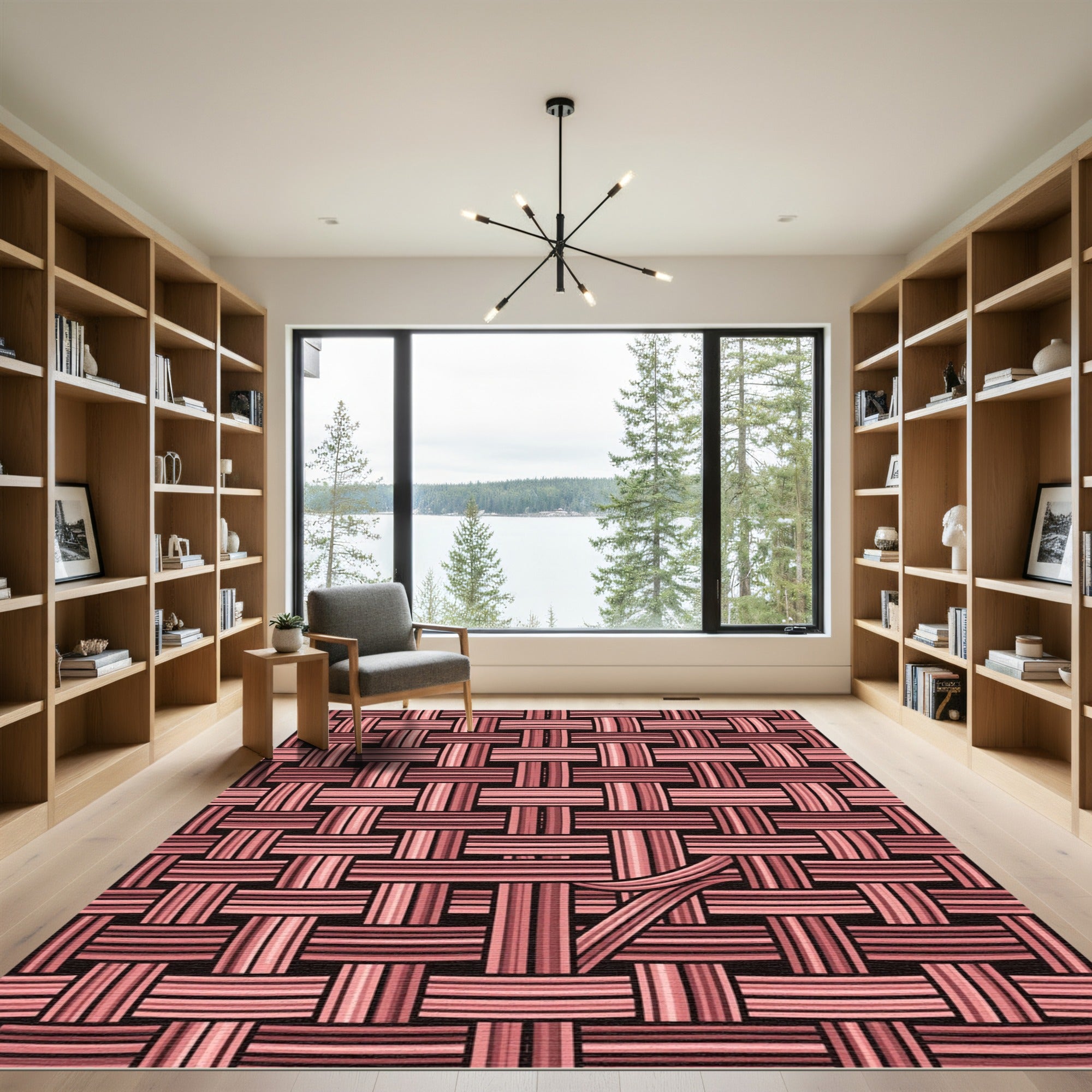 Salmon Pink Woven Texture Grid Rug