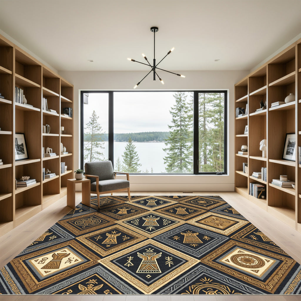 Golden Black Tribal Diamond Geometric Rug