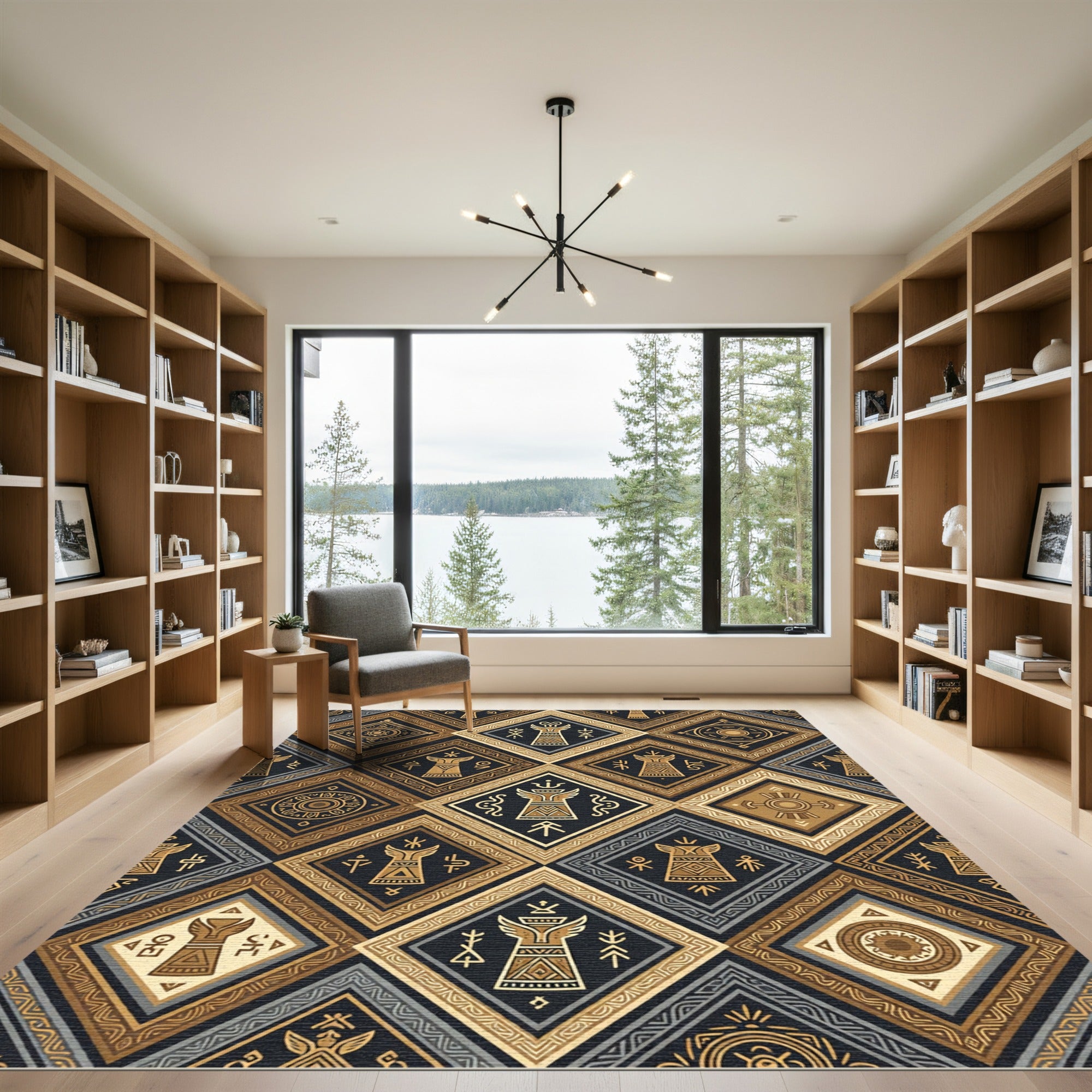 Golden Black Tribal Diamond Geometric Rug