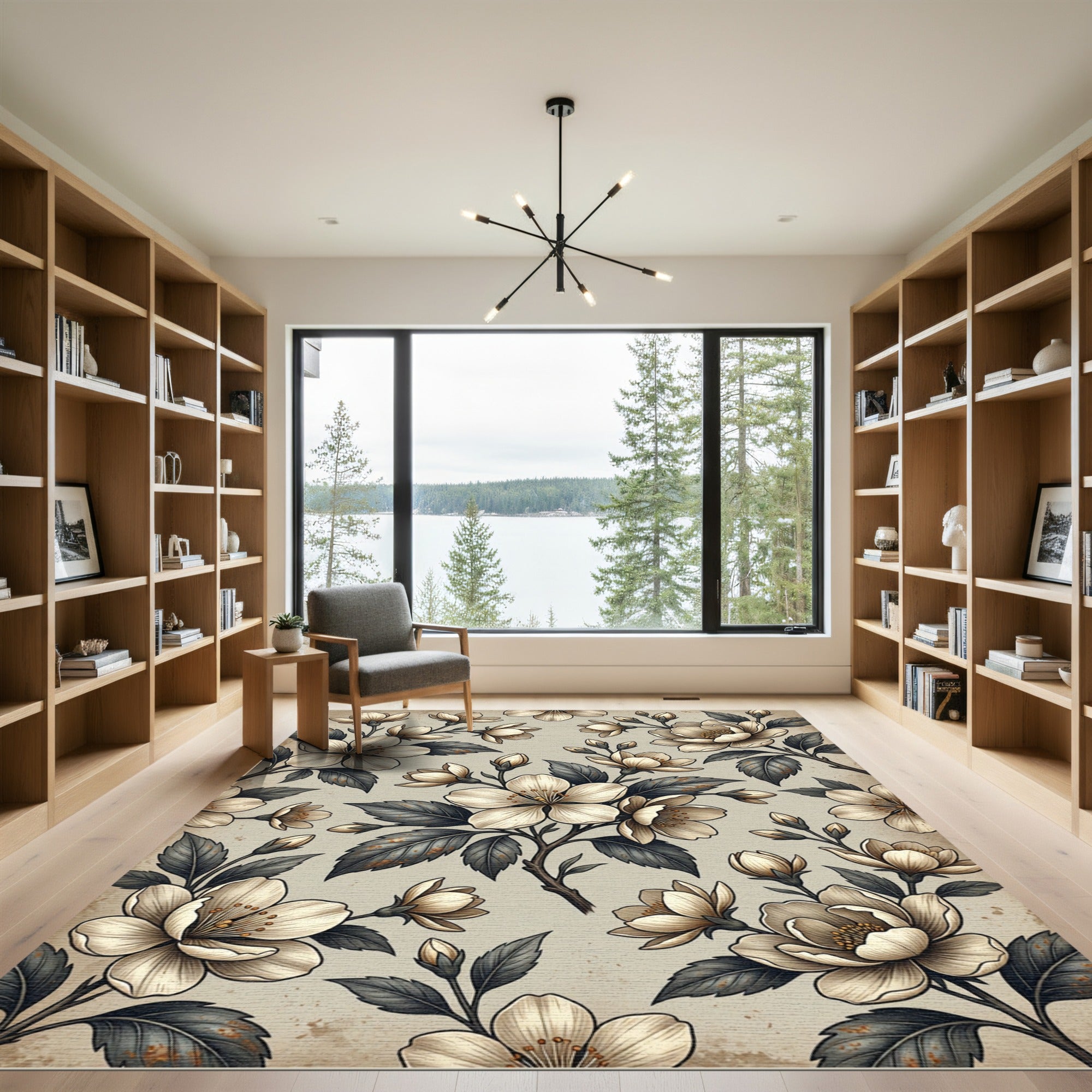 Cream Beige Floral Branch Composition Rug