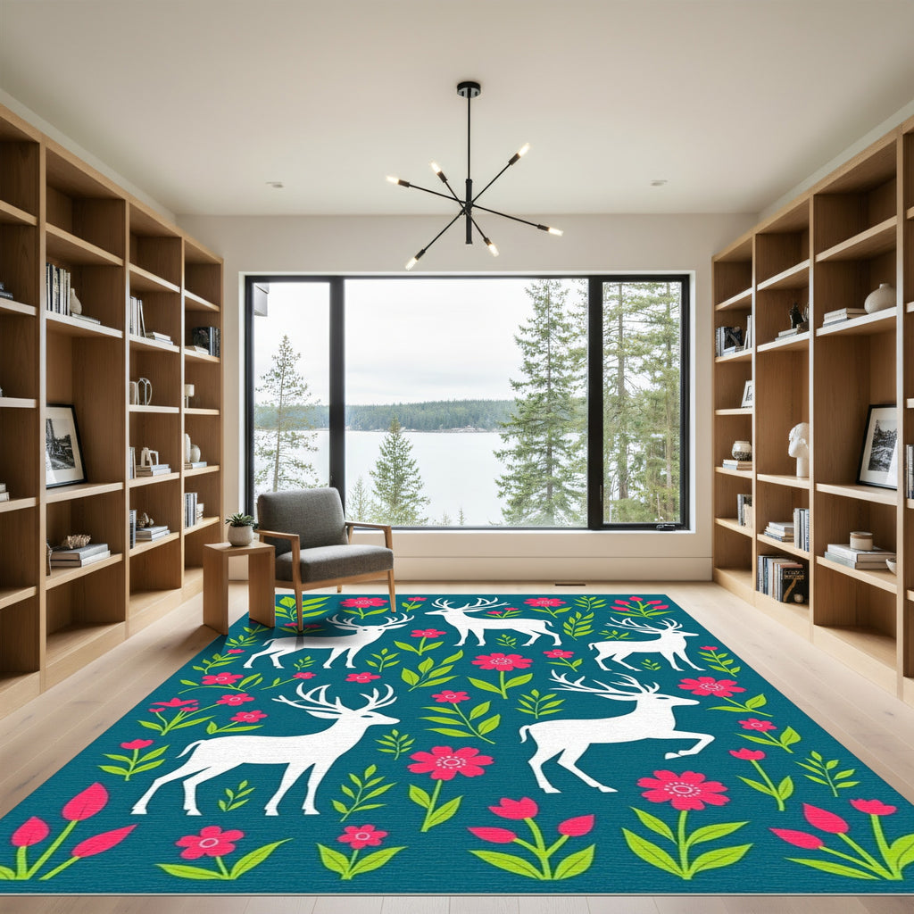 Whimsical White Deer Bloom Garden Rug