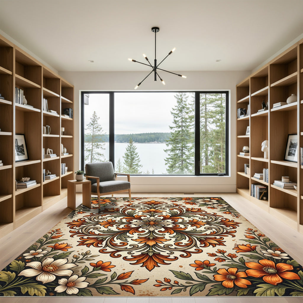 Vibrant Orange Floral Scrollwork Medallion Rug