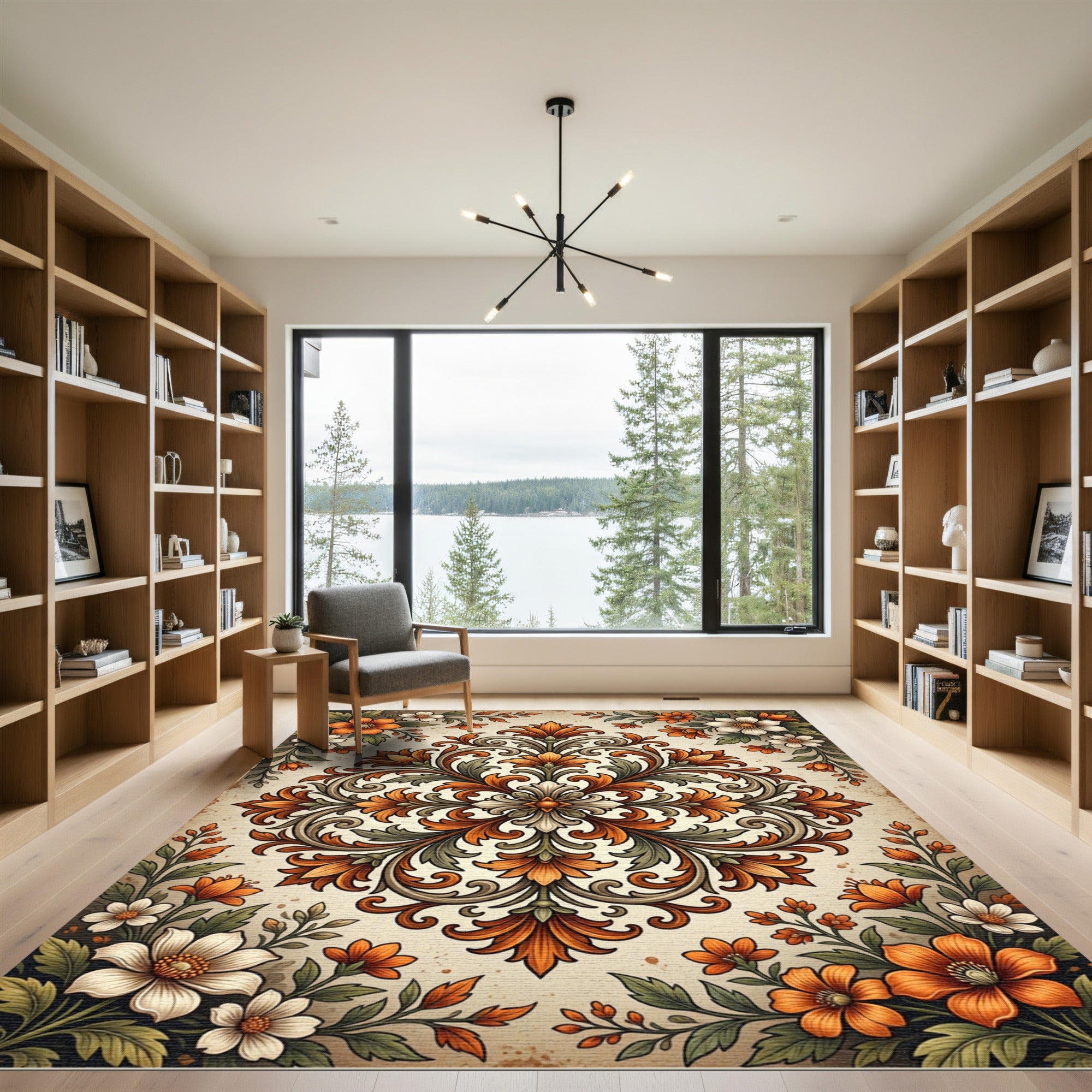 Vibrant Orange Floral Scrollwork Medallion Rug