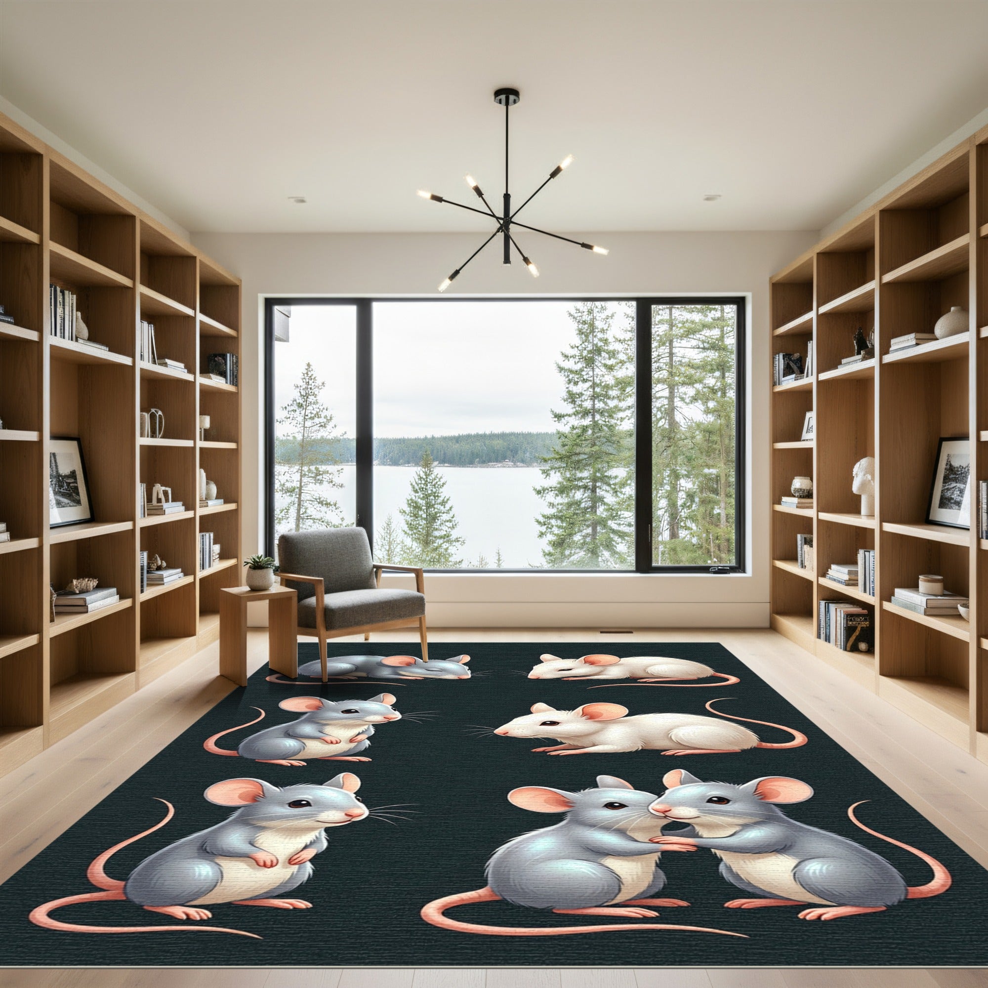 Whimsical Illustrative Gray and White Mice Rug
