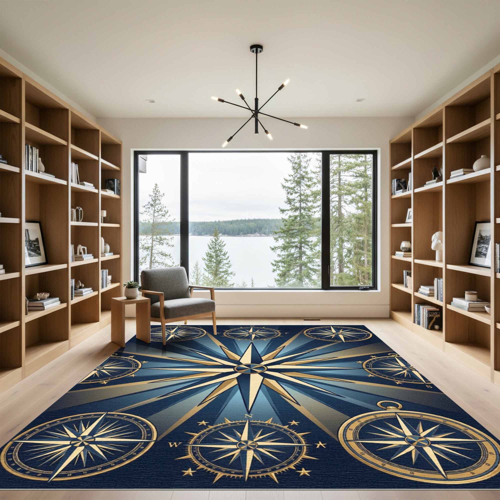 Celestial Golden Compass Starry Navy Area Rug