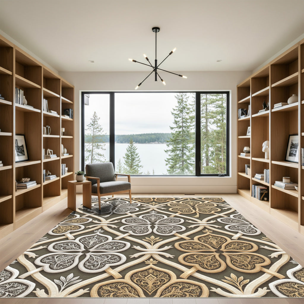 Elegant Gold and Cream Damask Lattice Rug