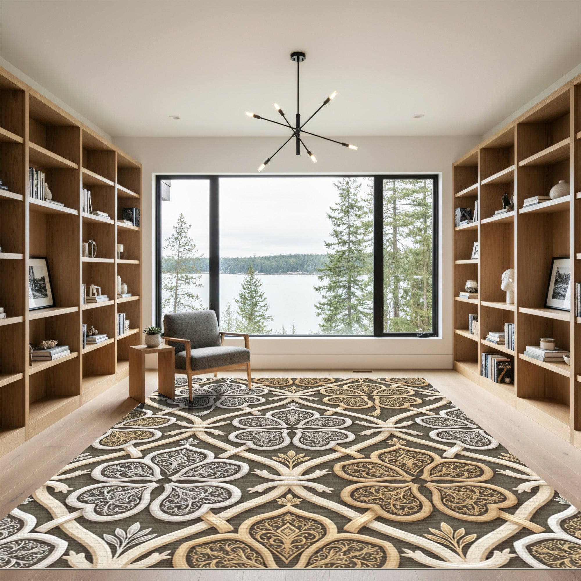 Elegant Gold and Cream Damask Lattice Rug