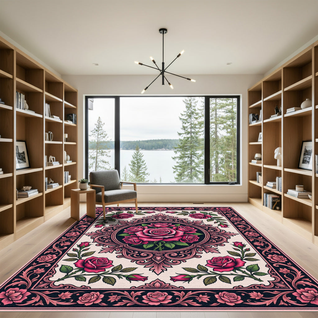 Fuchsia Rose Filigree Oval Border Rug