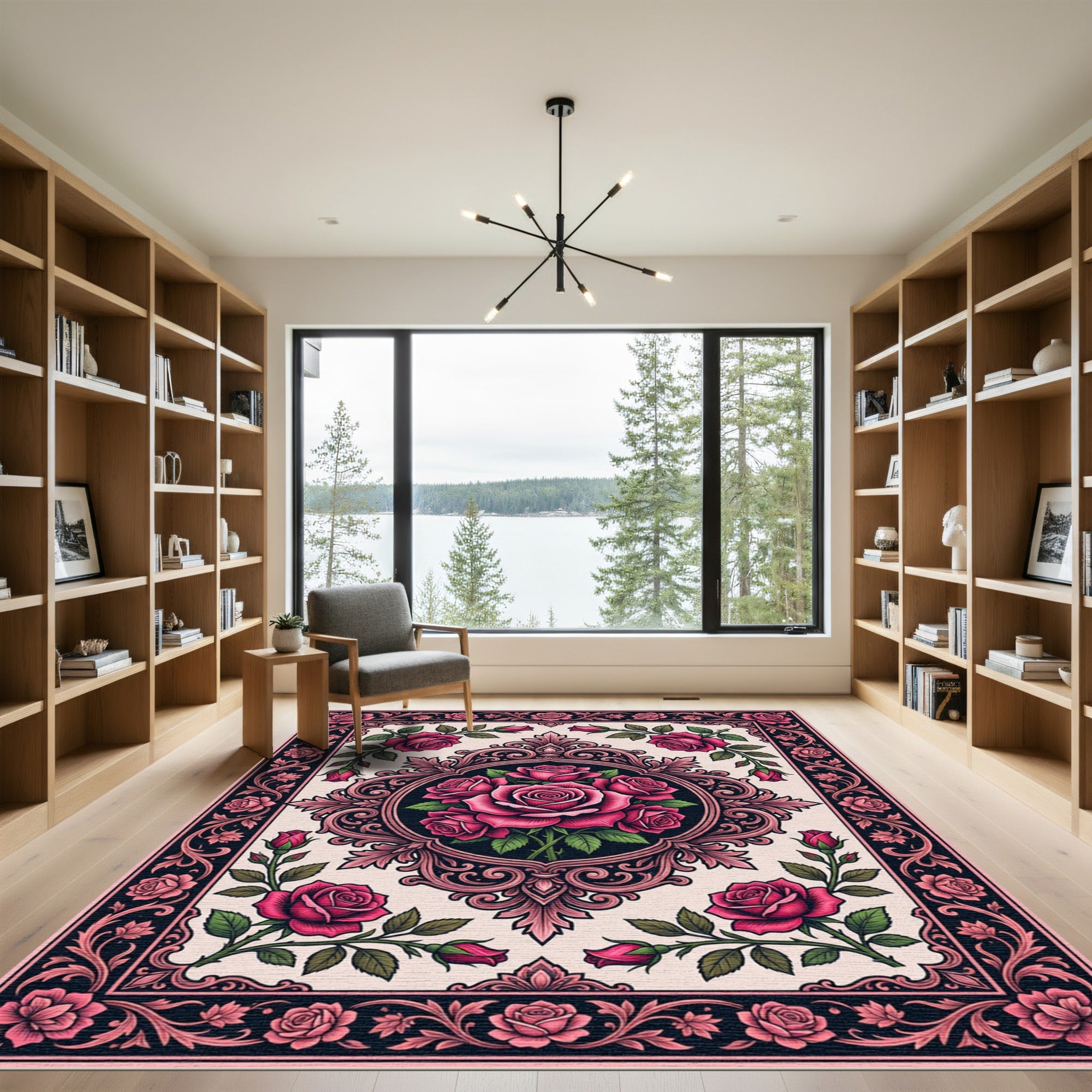 Fuchsia Rose Filigree Oval Border Rug