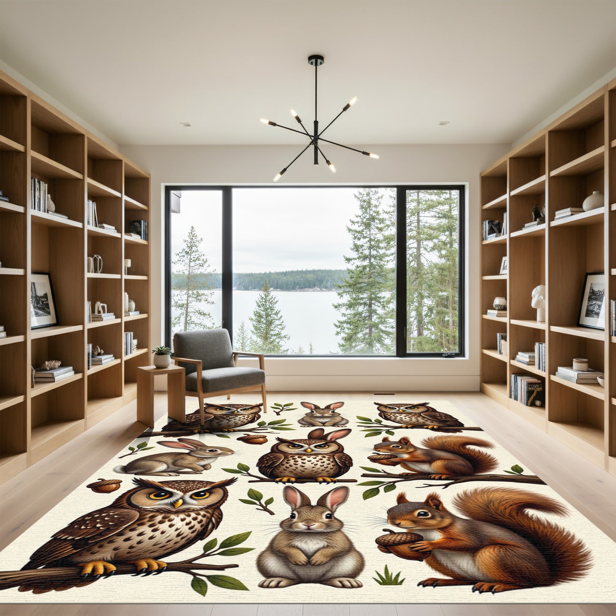 Woodland Creature Owl Bunny Squirrel Illustration Rug