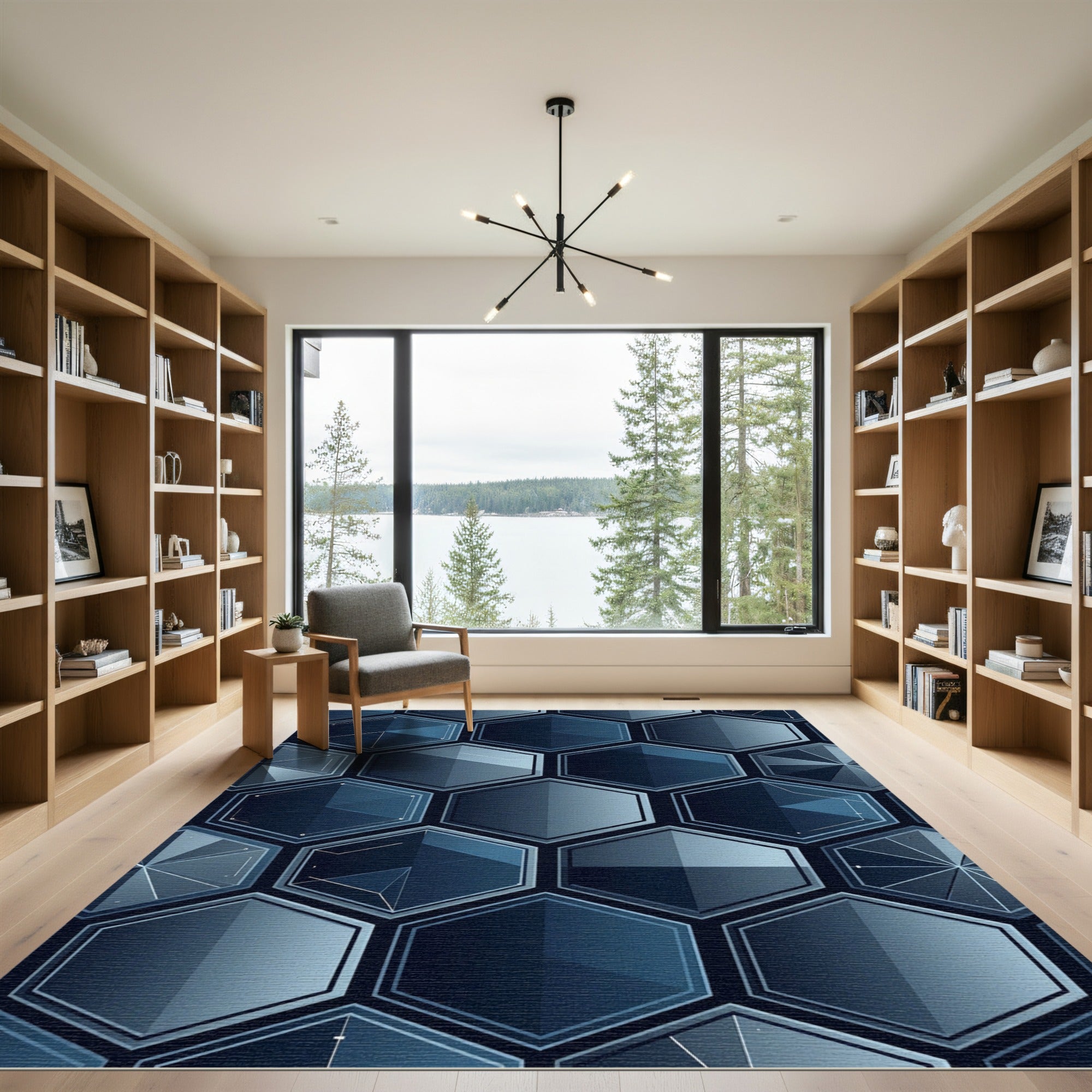 Deep Blue Geometric Hexagon Facets Rug